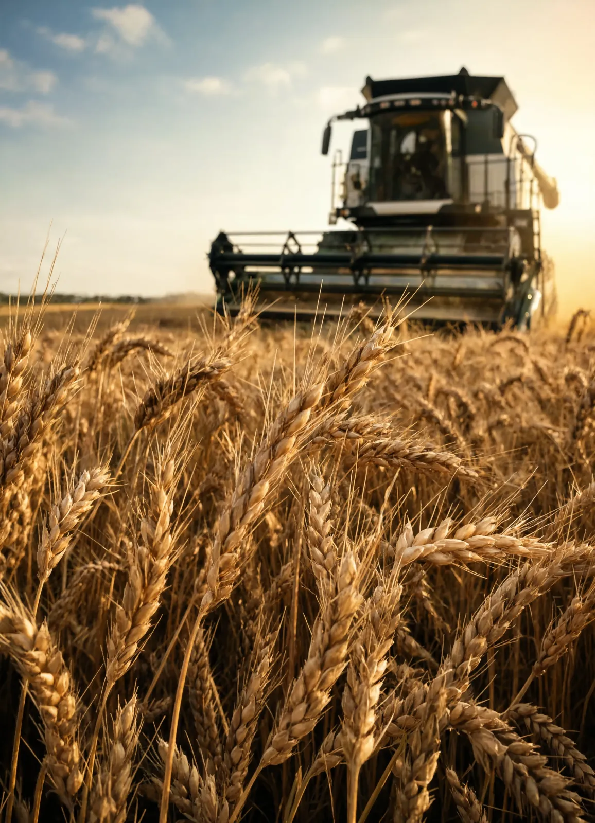 Combine harvester working through a golden wheat field