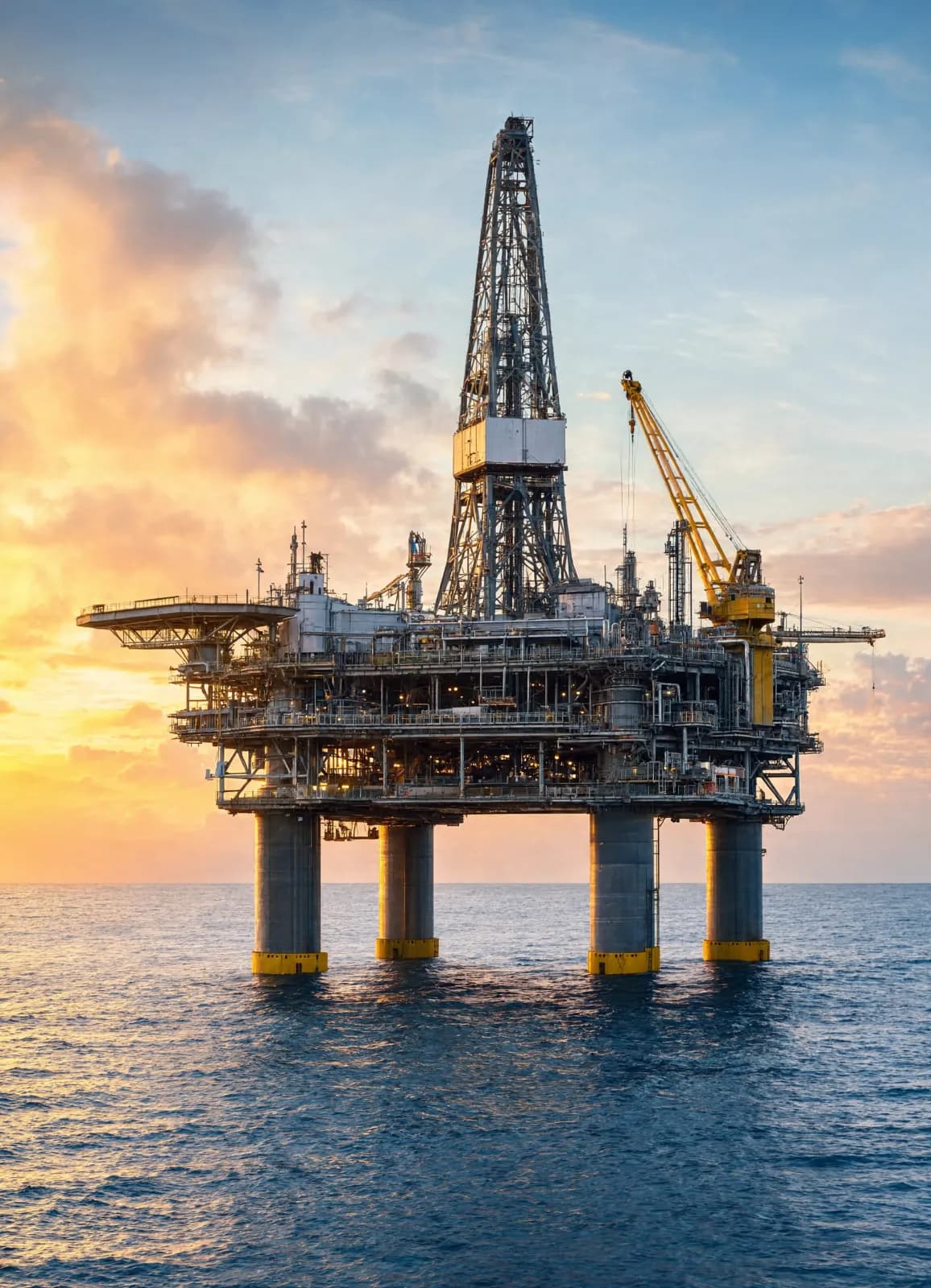 Offshore oil platform at sea under a golden-hour sky