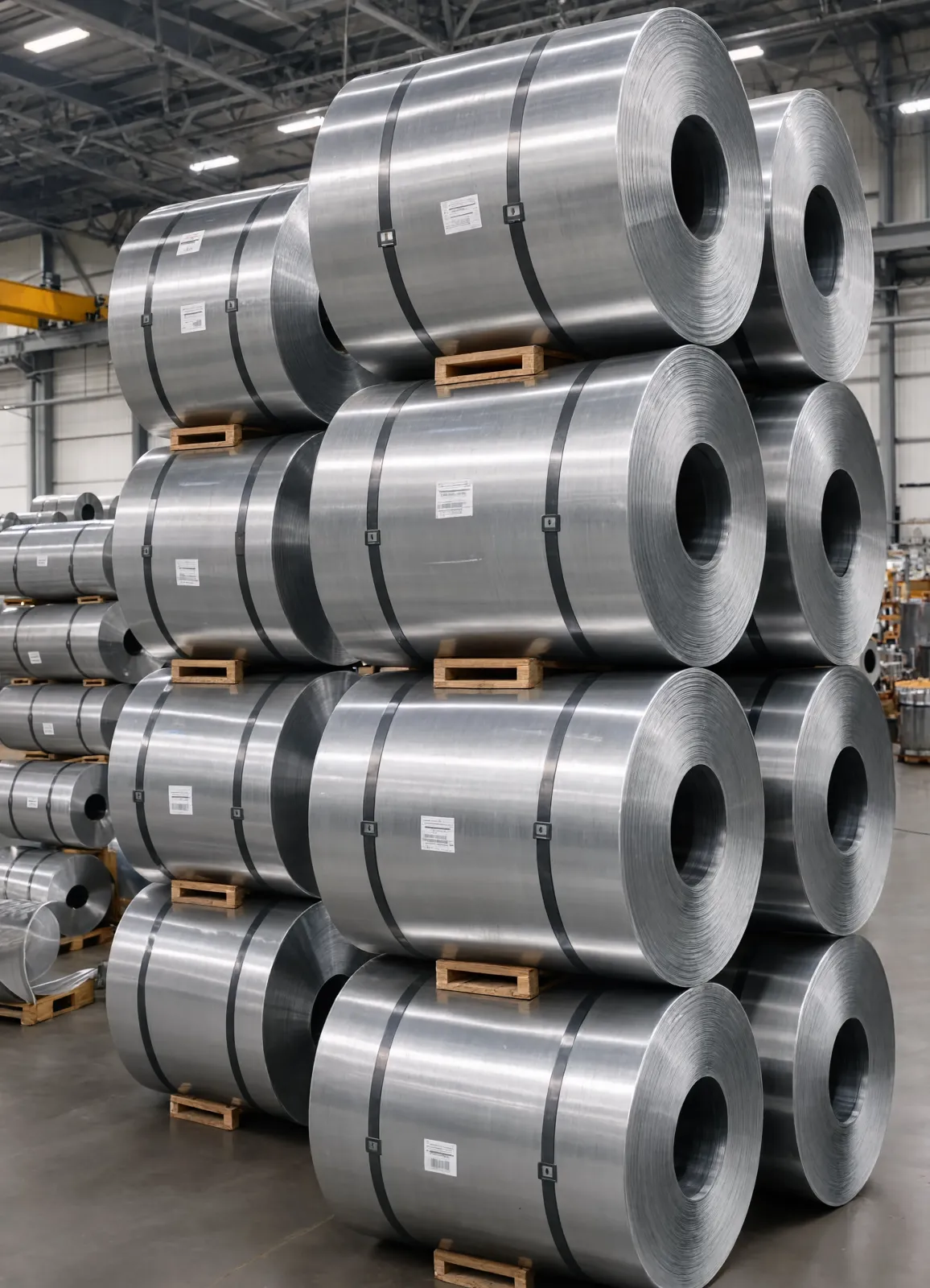 Steel coils stacked in an industrial warehouse